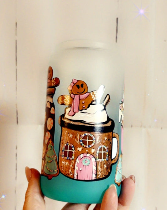 TEAL OMBRE GINGER BREAD HOUSES 16oz CUP