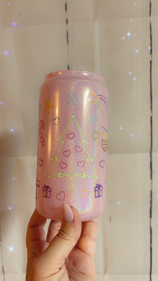 NEON LIGHTS XMAS  16oz PINK GLITTER CUP
