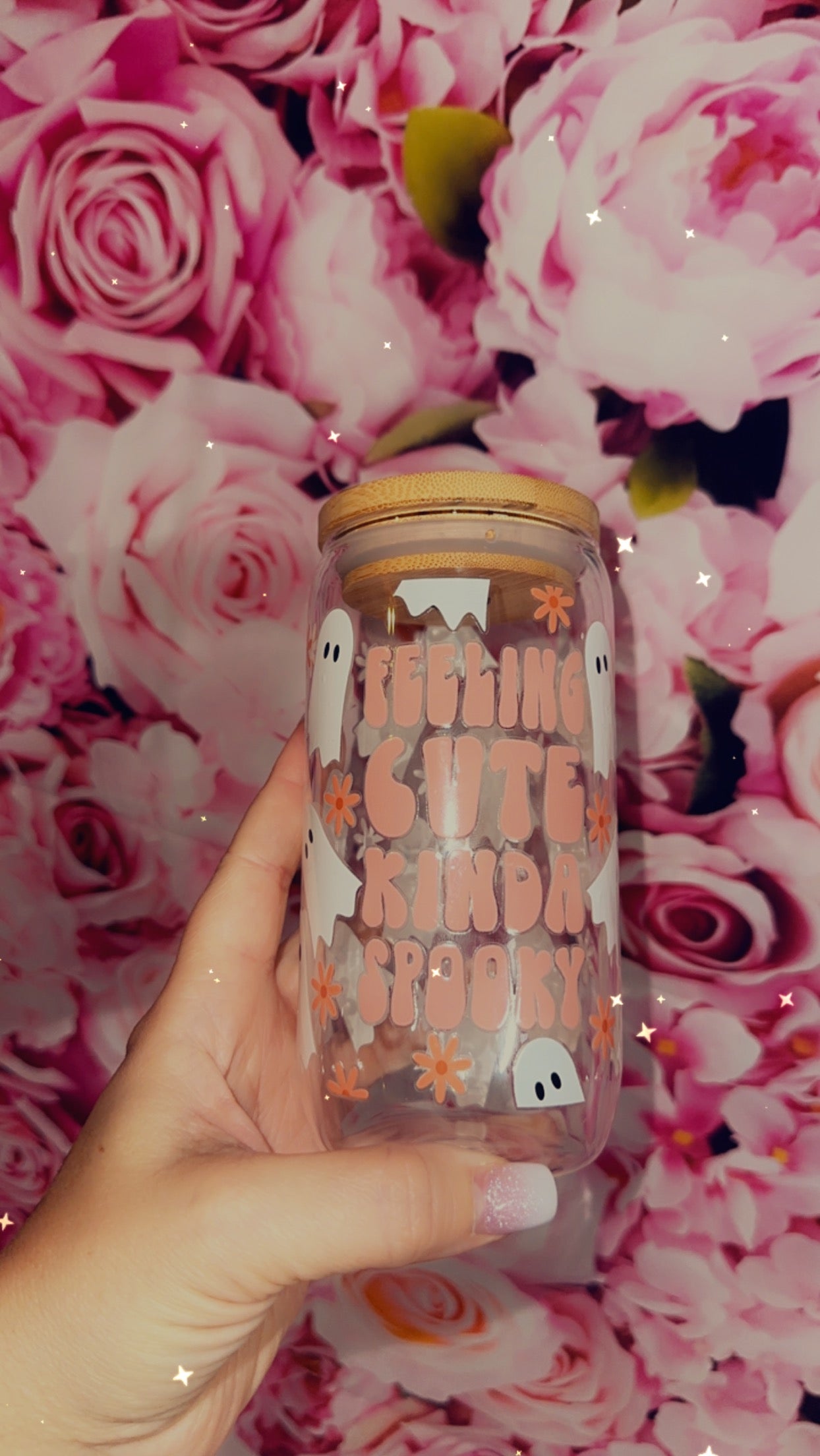 PINK FEELING CUTE KINDA SPOOKY 16oz CLEAR GLASS/LID/STRAW