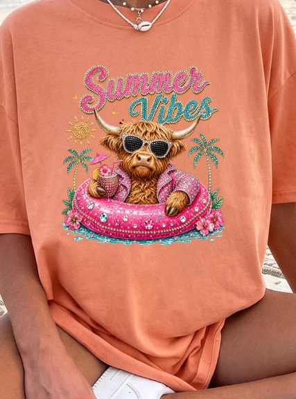 Faux Bling Summer Vibes Cow Tee